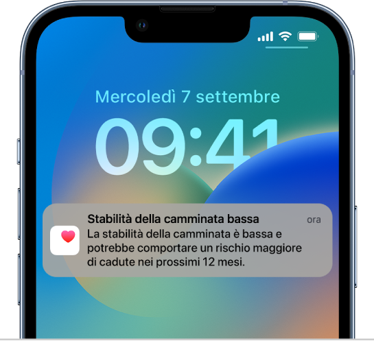 La schermata di blocco con una notifica di stabilità della camminata bassa.