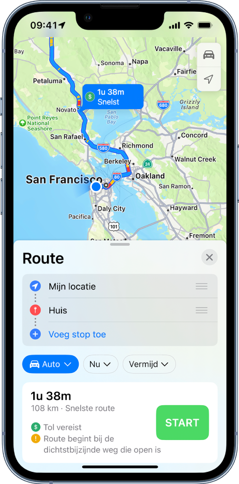 Een kaart met een autoroute en rechtsonder de knop 'Ga'.