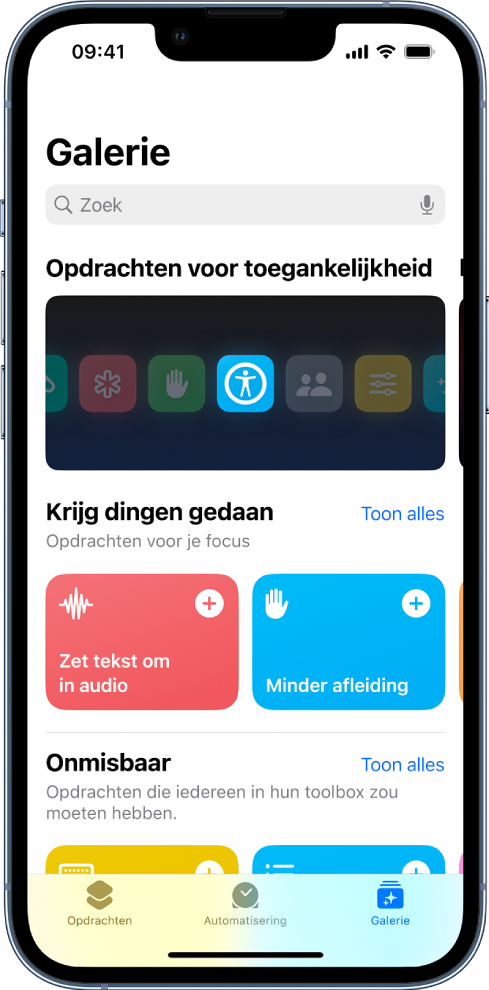 Het galeriescherm in Opdrachten, met een lijst met opdrachten voor het uitvoeren van alledaagse taken, zoals tekst omzetten in audio en afleidingen stoppen. Onderaan staan de tabbladen 'Opdrachten', 'Automatisering' en 'Galerie'.