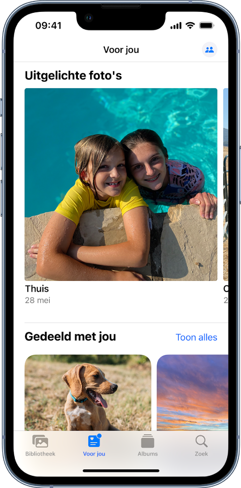 Het scherm 'Voor jou' in de Foto's-app, met de fotoverzamelingen die met je zijn gedeeld.