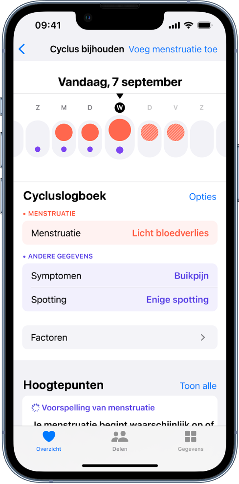 Het scherm 'Cyclus bijhouden', met boven in het scherm de tijdbalk van een week. Bij de eerste 3 dagen op de tijdbalk staan effen rode cirkels en bij alle dagen staan paarse stippen. Onder de tijdbalk zie je opties voor het toevoegen van gegevens over onder andere je menstruatie en symptomen.