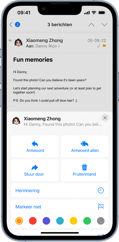 In de onderste helft van het scherm zie je een e‑mail met antwoordopties. Onder deze opties staan de knop 'Herinnering', de knop 'Hef markering op' en de verschillende kleuren die je als markering kunt kiezen.