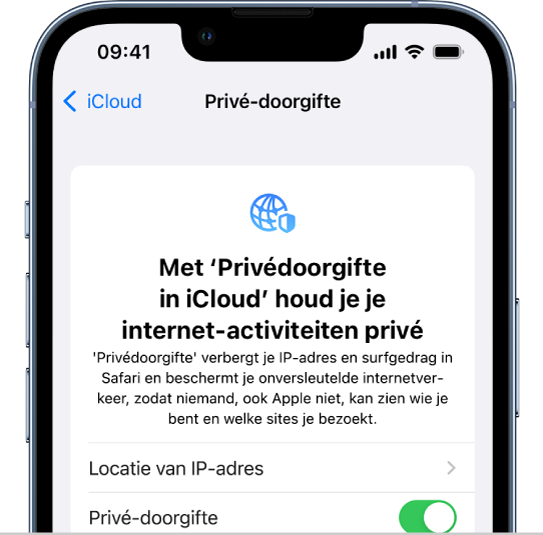 Het Instellingen-scherm waar je 'Privédoorgifte' kunt in- en uitschakelen.