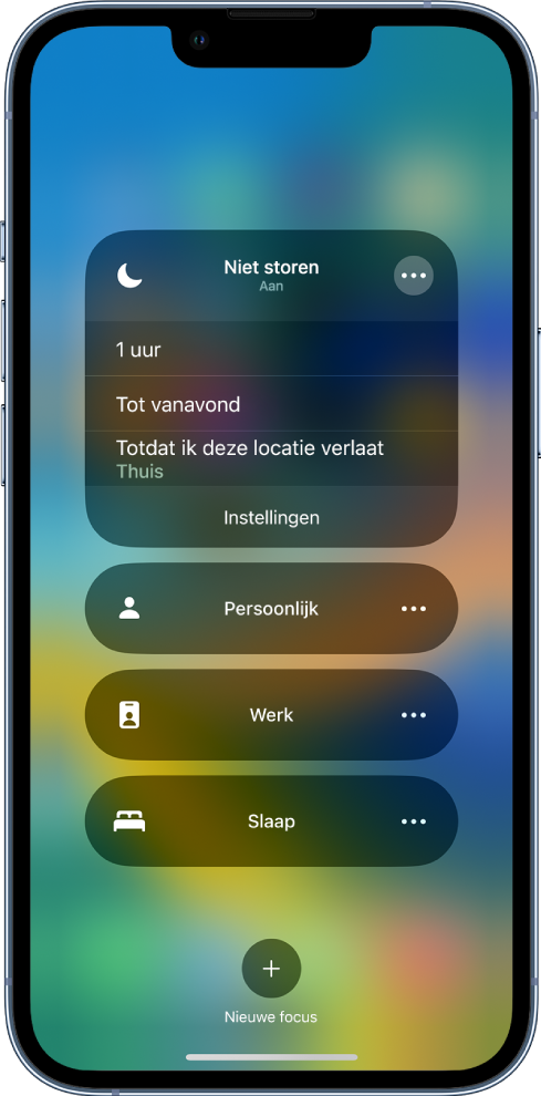 Het scherm waarin je aangeeft hoelang 'Niet storen' ingeschakeld blijft. De opties zijn '1 uur', 'Tot vanavond' en 'Totdat ik deze locatie verlaat'.