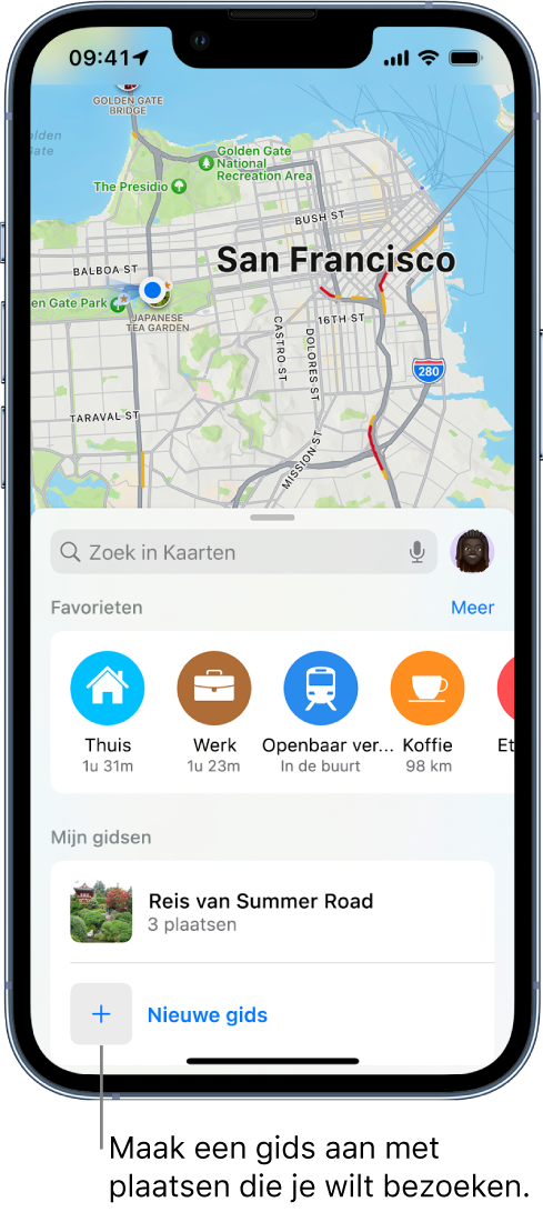 Een zoekkaart in Kaarten, met onderaan de knop 'Nieuwe gids'.