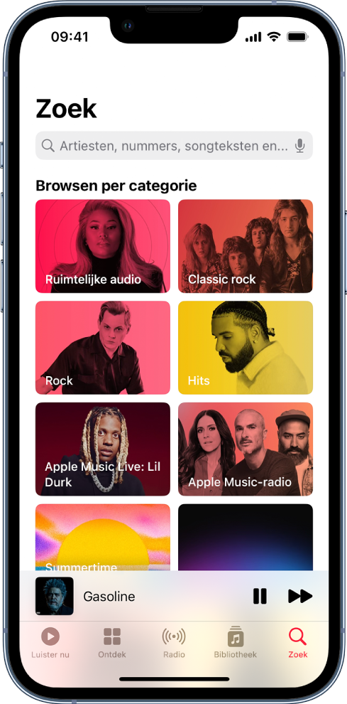 Het Zoek-scherm met bovenin een zoekveld. In het gedeelte 'Browsen per categorie' eronder staan acht categorieën.