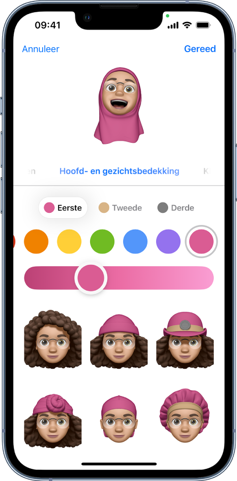 Het memoji-scherm, met bovenin het personage dat wordt gecreëerd, daaronder de kenmerken die kunnen worden aangepast en onderaan opties voor het geselecteerde kenmerk. Rechtsbovenin zie je de knop 'Gereed' en linksbovenin de knop 'Annuleer'.