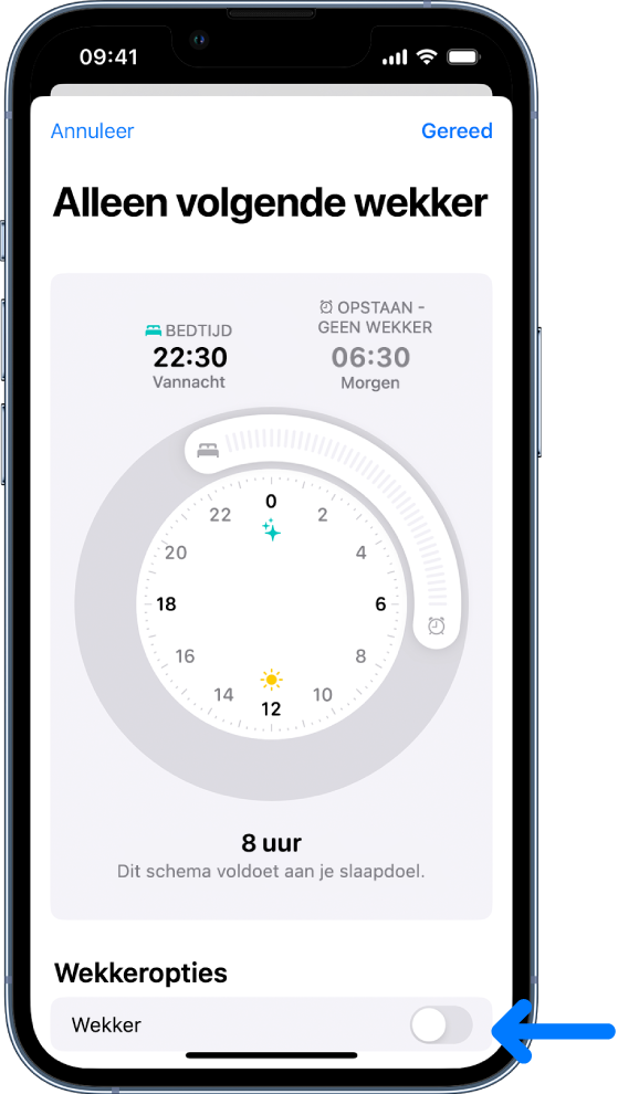Het scherm 'Alleen volgende wekker', met 'Wekker' onderaan uitgeschakeld.