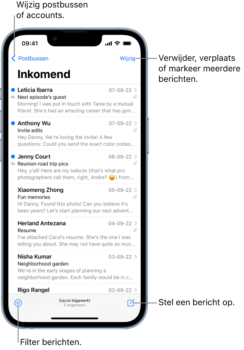 De postbus 'Inkomend' met een lijst met e‑mails. Linksbovenin zie je de knop 'Postbussen' om naar een andere postbus over te schakelen. Rechtsbovenin staat de knop 'Wijzig', waarmee je e‑mails kunt verwijderen, verplaatsen of markeren. Linksonderin staat de knop waarmee je e‑mails kunt filteren, zodat alleen bepaalde e‑mails worden weergegeven. Rechtsonderin staat de knop voor het opstellen van een nieuwe e‑mail.