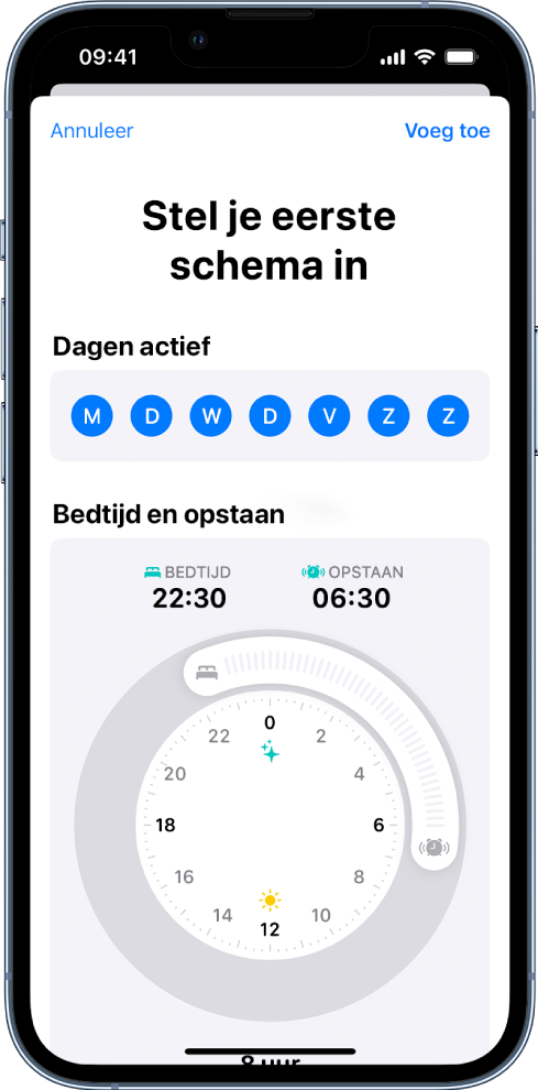 Het scherm 'Stel je eerste schema in'.