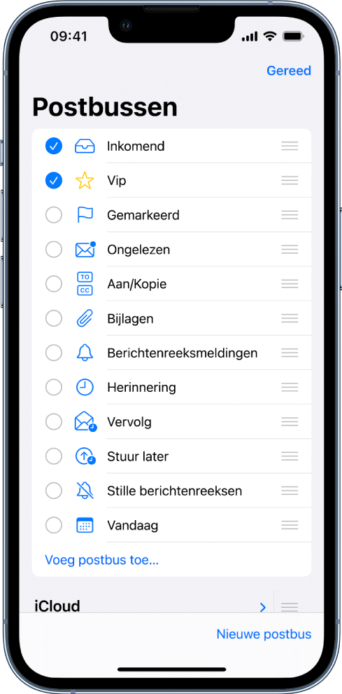 Het scherm om postbussen te wijzigen. Je ziet een lijst met optionele postbussen, met links van elke postbus een aankruisvak. De optionele postbussen zijn onder andere 'Inkomend', 'Vip', 'Gemarkeerd', 'Ongelezen', 'Bijlagen' en 'Herinnering'. Rechtsonder in het scherm staat de knop 'Nieuwe postbus'.
