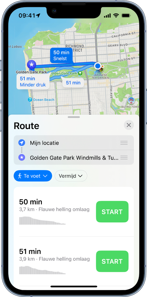 Een kaart met twee looproutes. Onder in de routekaart staan details voor de routes, waaronder de geschatte reistijd en het hoogteverschil. Naast elke routebeschrijving staat de knop 'Ga'.