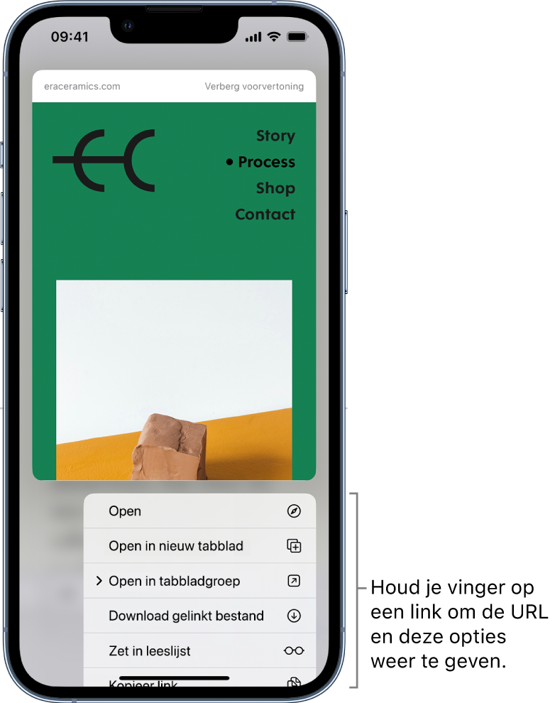Een voorvertoning van de bestemmings-URL, gevolgd door een lijst met mogelijke taken: 'Open', 'Open in nieuw tabblad', 'Open in tabbladgroep', 'Download gelinkt bestand', 'Zet in leeslijst' en 'Kopieer link'.