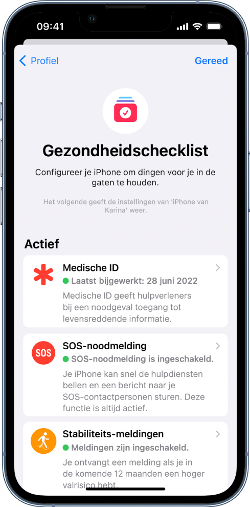 Het Gezondheidschecklist-scherm, waarop 'Medische ID' en 'Stabiliteitsmeldingen' actief zijn.