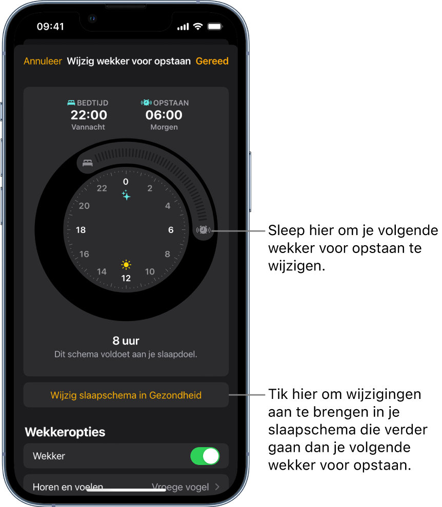 Een scherm voor het wijzigen van de wekker voor opstaan voor morgen, met knoppen voor het wijzigen van de bedtijd en wektijd, een knop voor het wijzigen van het slaapschema in de app Gezondheid en een knop voor het in- of uitschakelen van de wekker voor opstaan.