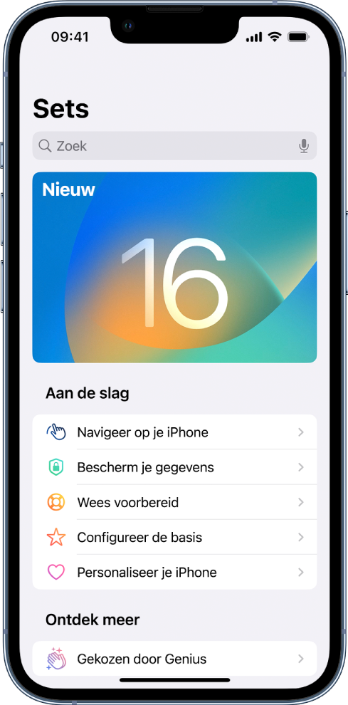Een scherm met verzamelingen tips, met pijltjes om aan te geven dat je op een verzameling kunt tikken om de tips daarin te bekijken.