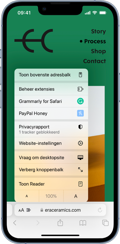 Het menu 'Pagina-instellingen'. Bovenaan staat de optie 'Toon bovenste adresbalk'. Daaronder staat de optie 'Beheer extensies', gevolgd door geïnstalleerde extensies: Honey en Grammarly for Safari.