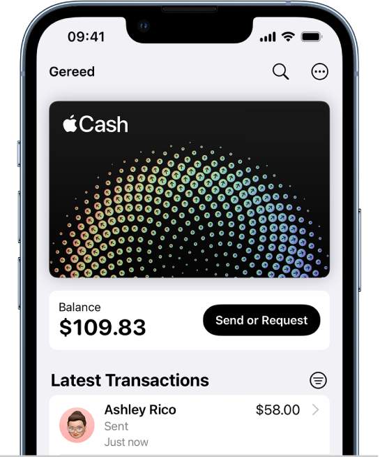 De Apple Cash-kaart in Wallet, met rechtsboven de knop 'Meer', in het midden de knop 'Betaal' of 'Verzoek' en onderin de laatste transacties.