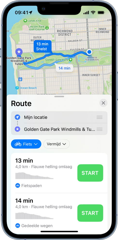 Een kaart met twee fietsroutes. Onder in de routekaart staan details voor de routes, waaronder de geschatte reistijd, het hoogteverschil en het soort wegen. Naast elke routebeschrijving staat de knop 'Ga'.