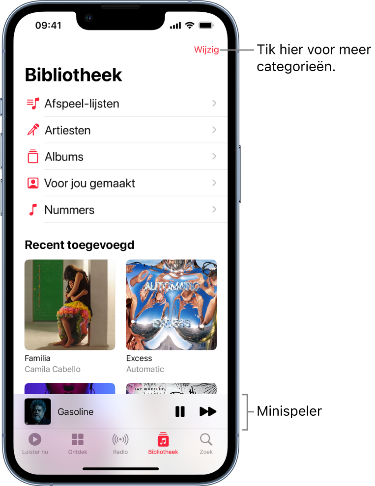 Het Bibliotheek-scherm met een lijst categorieën, waaronder 'Afspeellijsten', 'Artiesten', 'Albums', 'Voor jou gemaakt' en 'Nummers'. De kop 'Pas toegevoegd' wordt onder de lijst weergegeven. In de minispeler zie je de titel van het huidige nummer, met de knoppen 'Speel af' en 'Volgende' onderin.