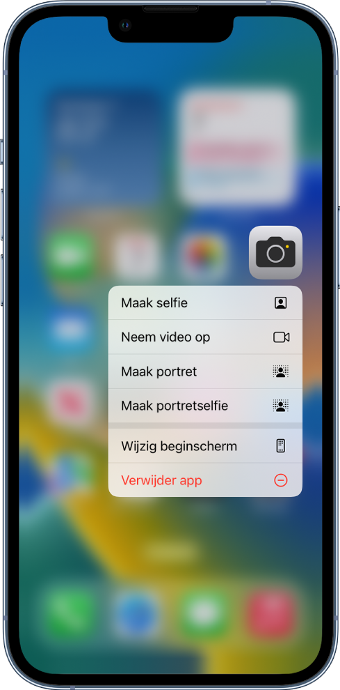 Het beginscherm is wazig en onder de Camera-app worden de snelmenutaken voor Camera weergegeven.