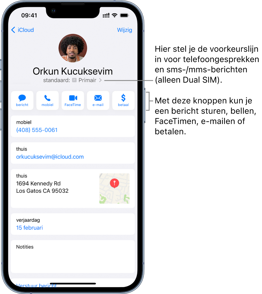 Het informatiescherm voor een contactpersoon. Bovenin staan de naam en foto van de contactpersoon. Daaronder staan knoppen voor het versturen van een bericht, bellen met de telefoon, bellen met FaceTime, het sturen van een e‑mail en het sturen van geld via Apple Pay. Onder de knoppen vind je de contactgegevens.