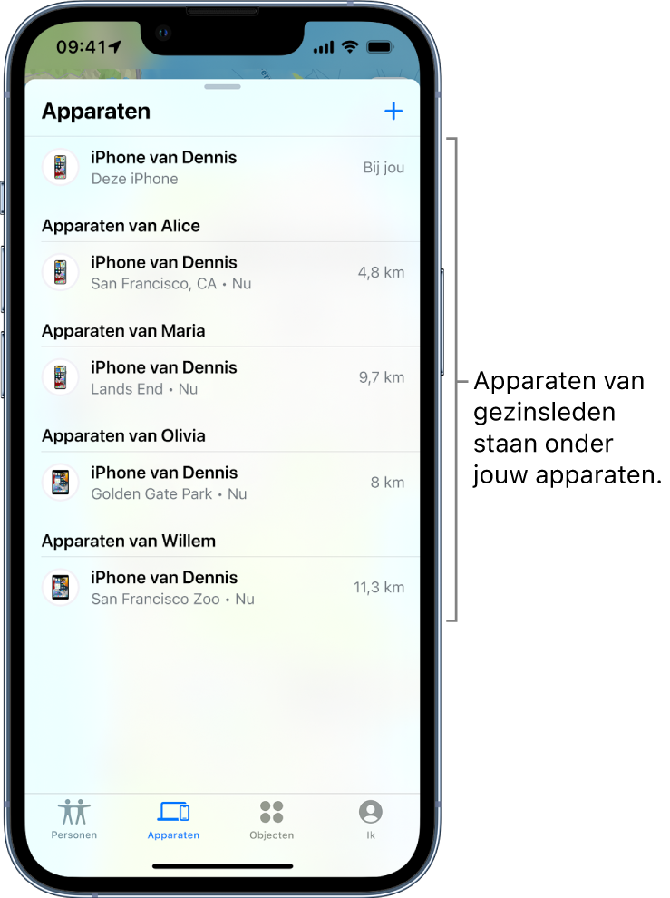 Het tabblad 'Apparaten' in Zoek mijn. Bovenaan de lijst staat de iPhone van Dennis. Daaronder staan de apparaten van Alice, Dawn, Olivia en Willem.