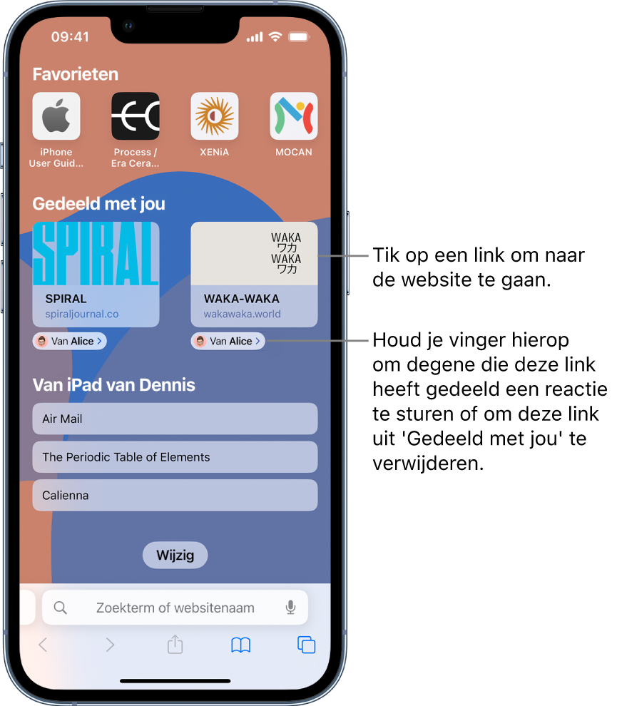 De startpagina in Safari omvat een gedeelte 'Gedeeld met jou' met voorvertoningen van twee webpagina's. Onder de websitevoorvertoningen staan de labels "Van Alice". Tik op de voorvertoning om naar de website te gaan, of tik op het label om Alice te antwoorden of de link uit 'Gedeeld met jou' te verwijderen.