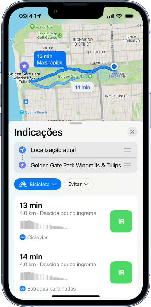 Um mapa com dois itinerários de bicicleta. A ficha do itinerário na parte inferior fornece detalhes para os itinerários, incluindo o tempo de viagem previsto, mudanças de elevação e tipos de estradas. Um botão “Ir” aparece ao lado de cada descrição do itinerário.