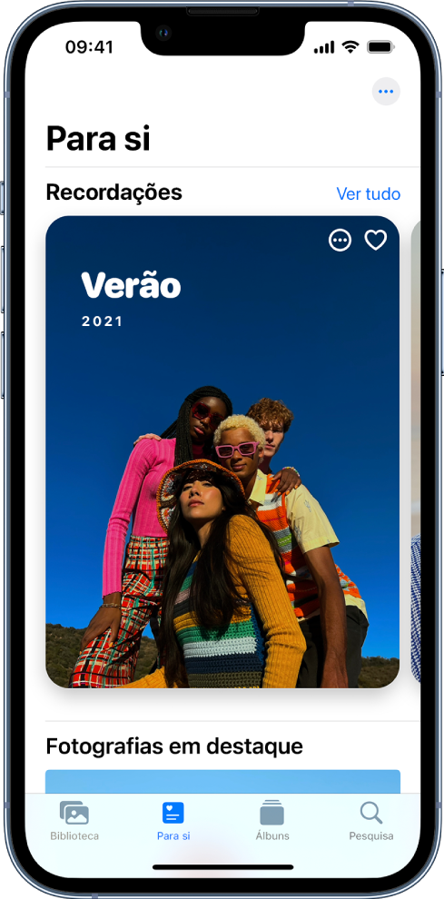 O ecrã “Para si” a mostrar uma recordação. O botão “Ver tudo” está na parte superior do ecrã e mostra todas as suas recordações.