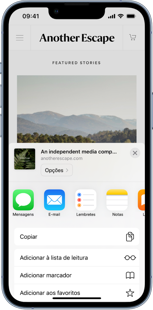 No Safari, foi dado um toque no botão Partilhar numa página web e são apresentadas as aplicações que podem ser usadas para partilhar a hiperligação. Por baixo dos ícones de aplicações encontra-se uma lista de outras opções, incluindo Copiar, Adicionar à lista de leitura, Adicionar marcador e Adicionar aos favoritos.