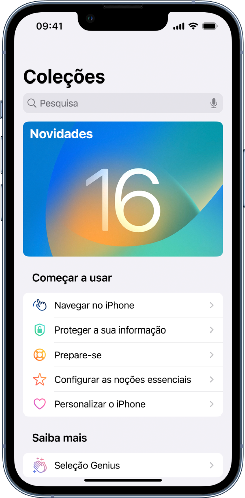 Um ecrã mostra coleções de dicas com setas a indicar que pode tocar numa coleção para ver as dicas que contém.