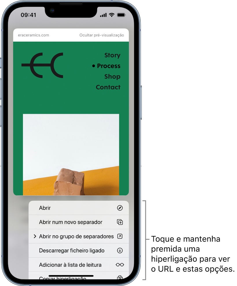 Uma pré-visualização do URL de destino, seguida de uma lista de possíveis ações: Abrir, Abrir num separador novo, Abrir no grupo de separadores, Descarregar ficheiro ligado, Adicionar à lista de leitura e Copiar hiperligação.