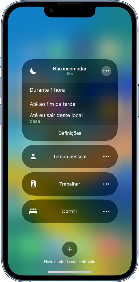 O ecrã para escolher durante quanto tempo “Não incomodar” fica ativo. As opções são “Durante 1 hora”, “Ativar até ao fim da tarde” e “Até eu sair deste local”.