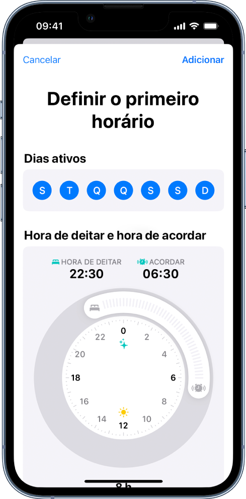 O ecrã “Definir o primeiro horário”.