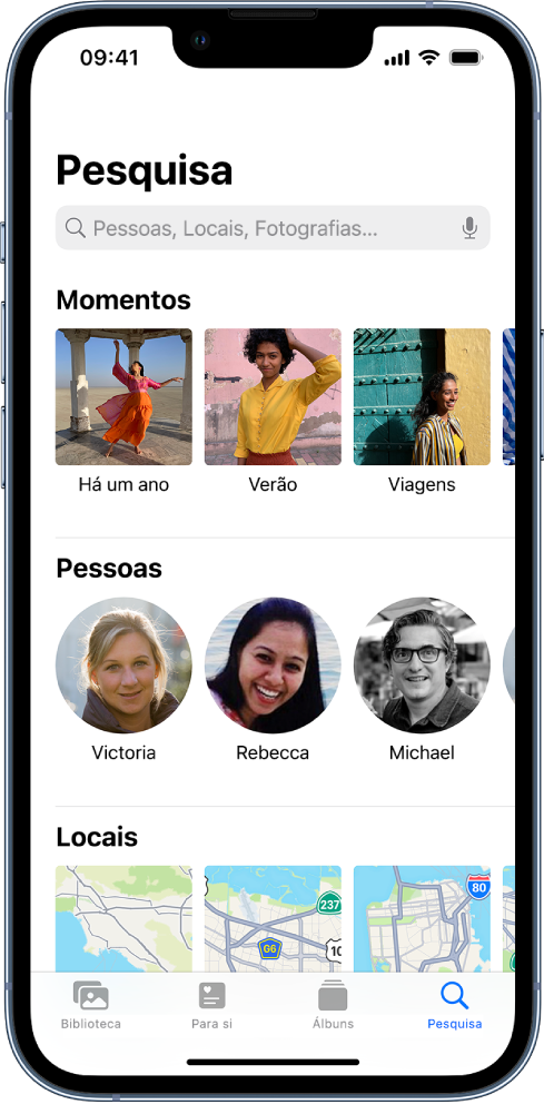 O botão Pesquisar selecionado na parte inferior da aplicação Fotografias. Na parte superior do ecrã está o campo de pesquisa. De cima para baixo, no resto do ecrã para apresentados os seguintes elementos: Momentos, Pessoas e Locais.
