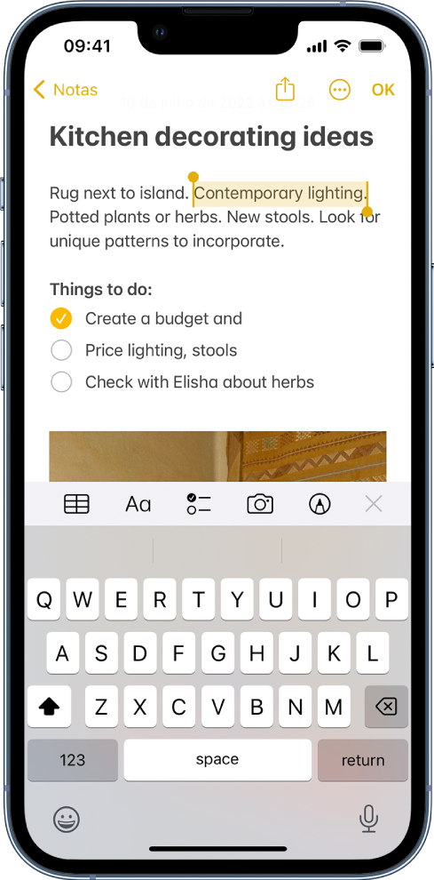 Uma nota na aplicação Notas com um excerto de um parágrafo selecionado.