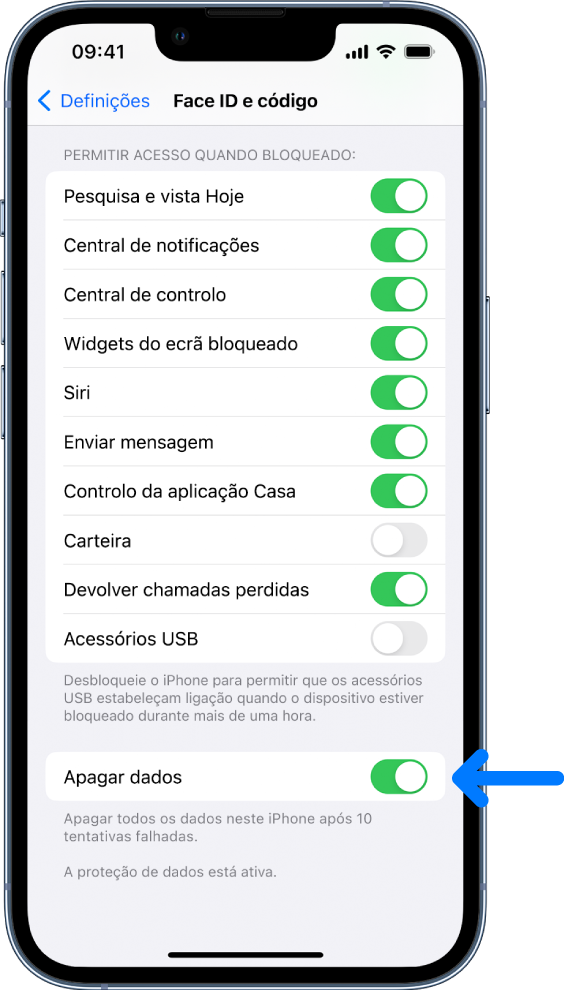 O controlo Apagar dados na parte inferior do ecrã Face ID e código, em Definições.