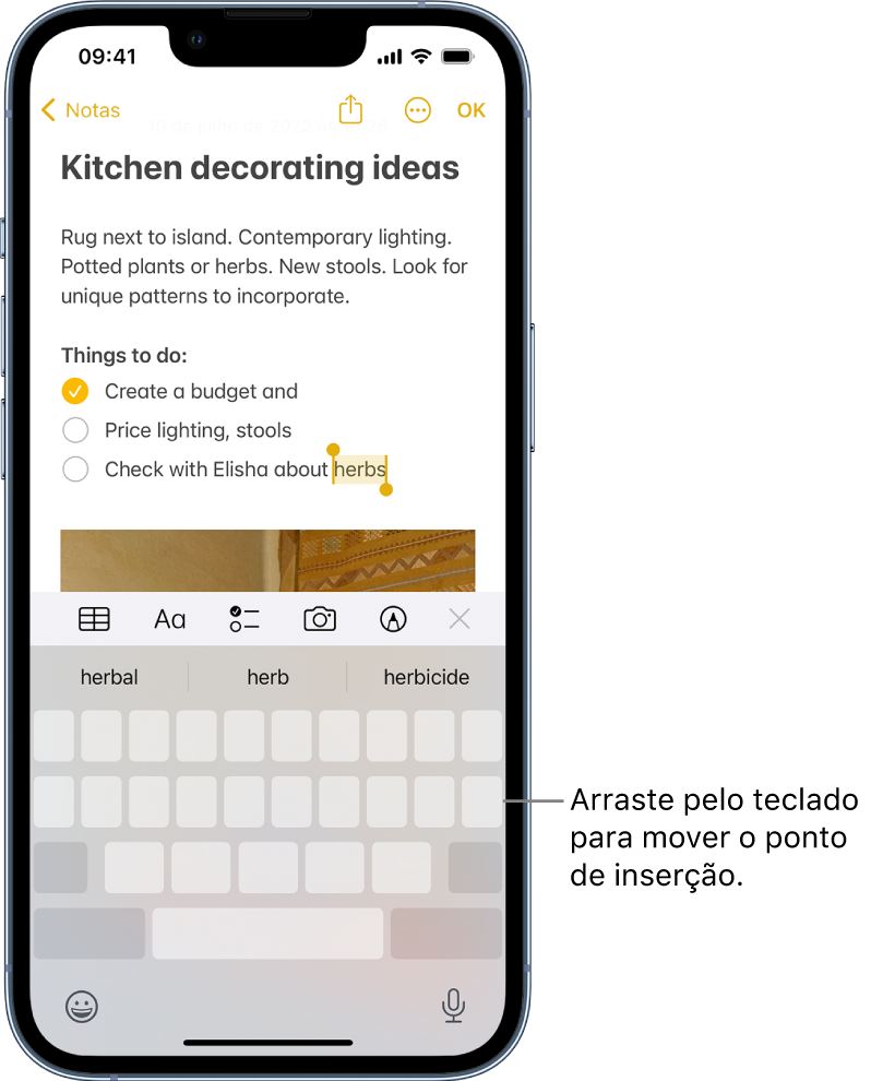 Uma nota a ser editada depois de o teclado ser transformado em trackpad. O teclado está esbatido, para mostrar que agora funciona como trackpad.