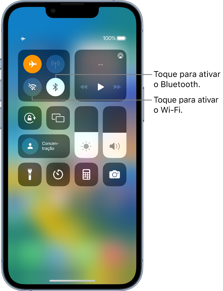 Central de controlo com o modo de voo ativado. Os botões para ativar o Wi-Fi e Bluetooth estão junto ao canto superior esquerdo da central de controlo.