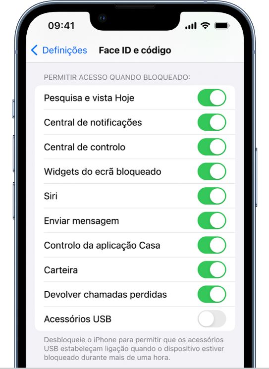 O ecrã Face ID e código, com definições para permitir acesso a funcionalidades específicas com o iPhone bloqueado.