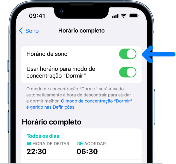 O ecrã “Horário completo” com o horário de sono ativado na parte superior.
