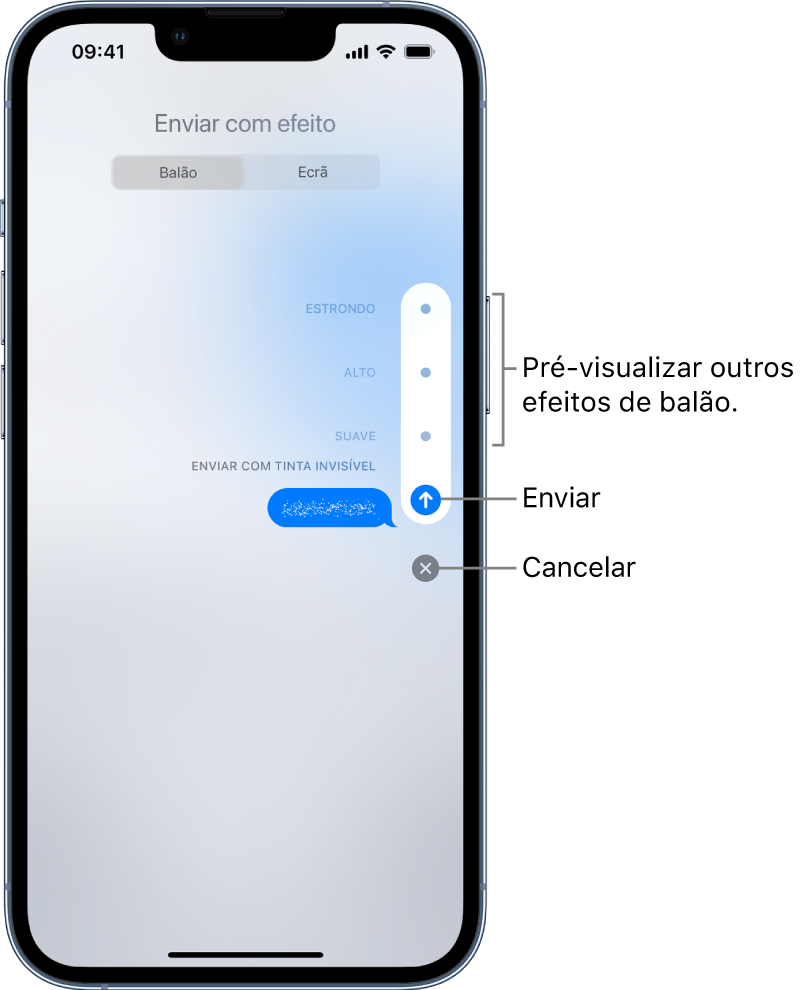 Pré‑visualização da mensagem com o efeito de tinta invisível. No lado direito, os controlos mostram pré-visualizações de outros efeitos de balão, assim como os botões Enviar e Cancelar.