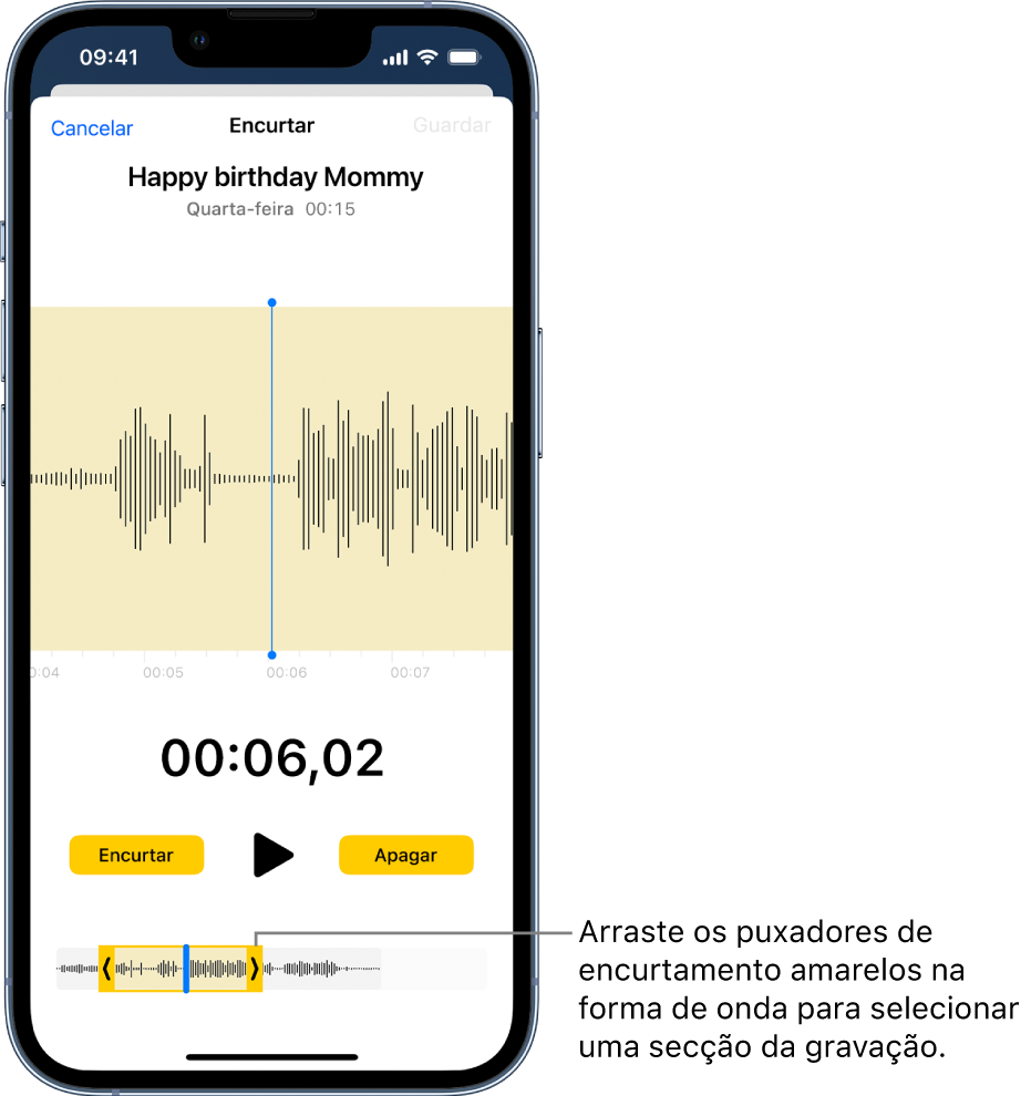 Uma gravação a ser encurtada com os puxadores de encurtamento amarelos que abrangem uma parte da forma de onda de áudio na parte inferior do ecrã. O botão Reproduzir e um temporizador de gravação aparecem por cima da forma de onda. Os puxadores de encurtamento encontram‑se por baixo do botão Reproduzir. O botão Encurtar para apagar a parte da gravação fora dos puxadores e o botão Apagar para apagar a parte da gravação dentro dos puxadores, estão em cada um dos lados do botão Reproduzir.