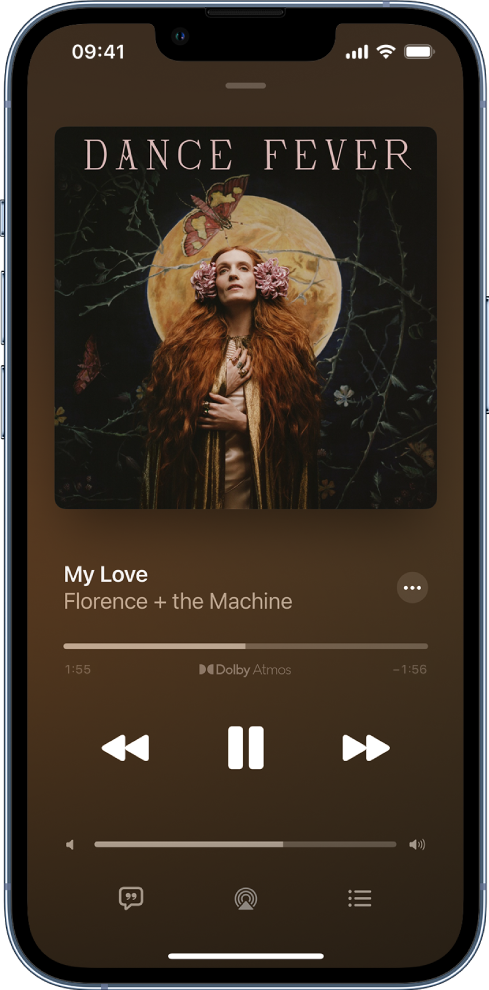 O ecrã A reproduzir, com o ícone do sistema Dolby Atmos por baixo do símbolo de reprodução.