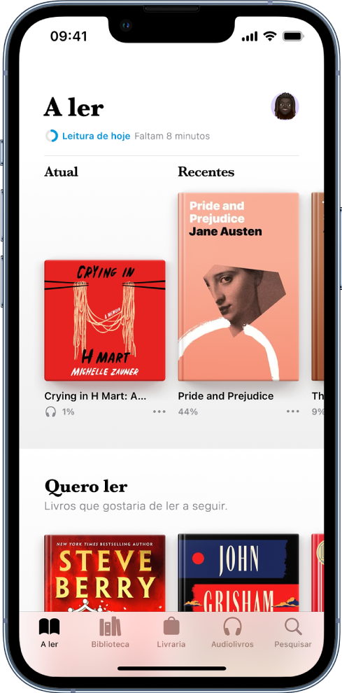 O ecrã “A ler” na aplicação Livros. Na parte inferior do ecrã encontram‑se os seguintes separadores, da esquerda para a direita: “A ler”, Biblioteca, Livraria, Audiolivros e Pesquisa.