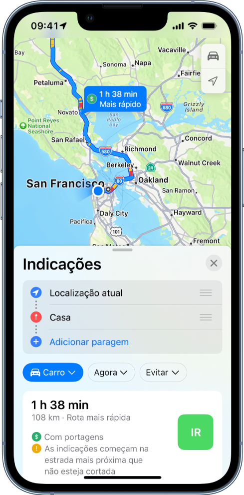 Um mapa de um itinerário de carro com o botão Ir na parte inferior.