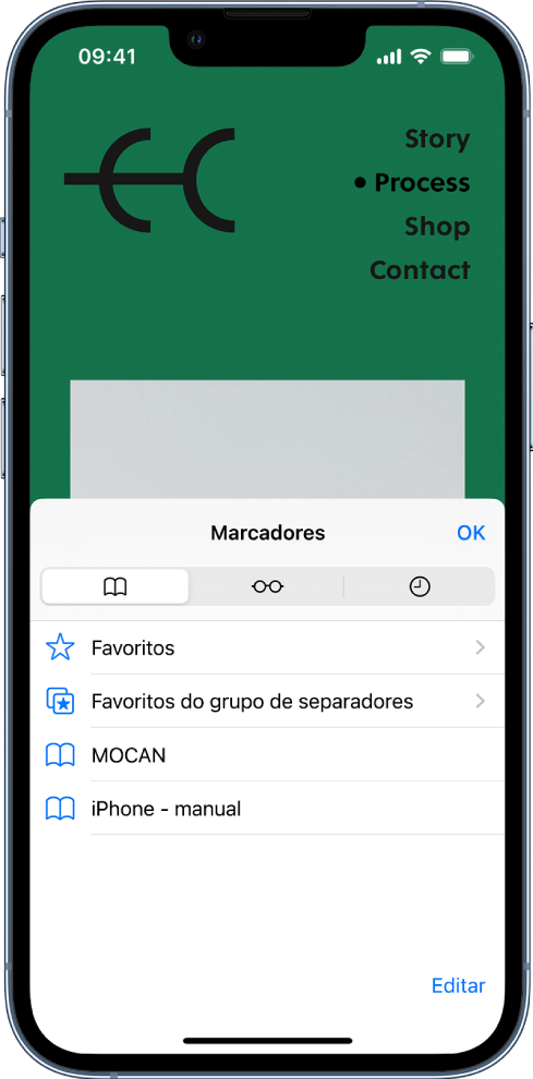 O ecrã dos marcadores, com opções para ver marcadores, favoritos, favoritos do grupo de separadores, a lista de leitura e o histórico de navegação.