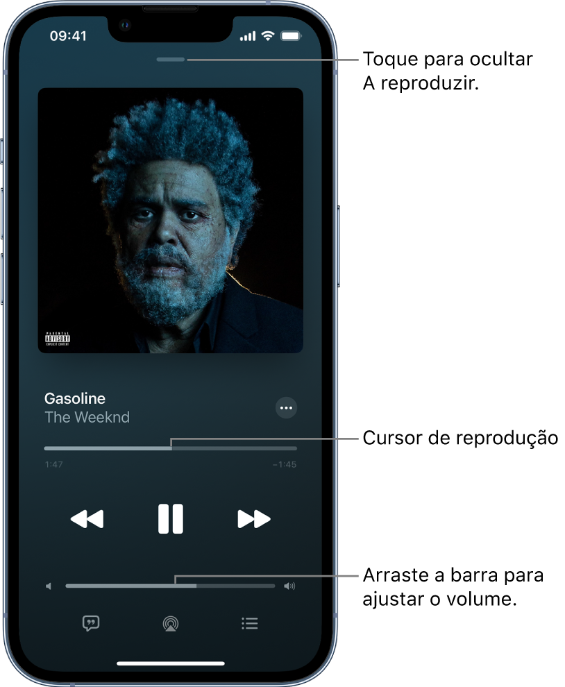 O ecrã “A reproduzir” com o grafismo do álbum. Por baixo estão o título da música, o nome do intérprete, o botão Mais, o cursor de reprodução, os controlos de reprodução, o nivelador de volume, o botão Letra, o botão Destino da reprodução e o botão Fila. O botão “Ocultar a reproduzir” está na parte superior.