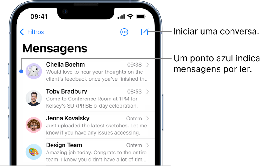 A lista de mensagens, o botão “Filtros” no canto superior esquerdo e o botão para escrever mensagem no canto superior direito. Um ponto azul à esquerda de uma mensagem indica que esta não foi ainda lida.